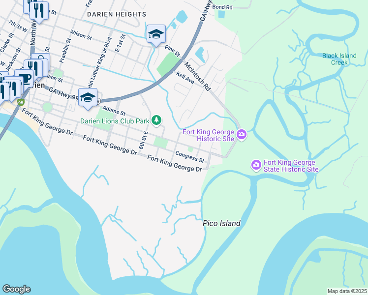 map of restaurants, bars, coffee shops, grocery stores, and more near 1107 Wayne Street in Darien