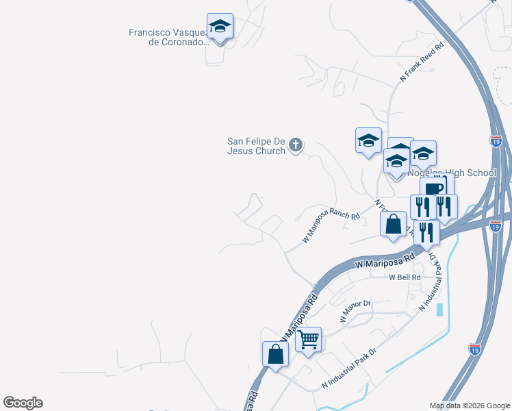map of restaurants, bars, coffee shops, grocery stores, and more near 1830 North Loma Mariposa Road in Nogales