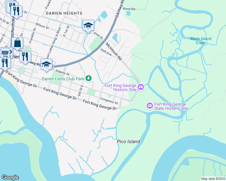 map of restaurants, bars, coffee shops, grocery stores, and more near 1110 East Broad Street in Darien