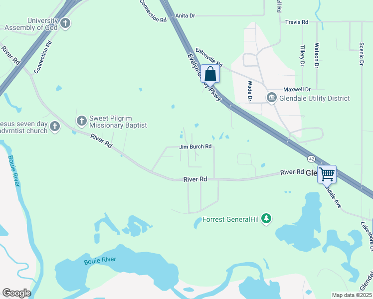 map of restaurants, bars, coffee shops, grocery stores, and more near 55-57 Jim Burch Road in Hattiesburg