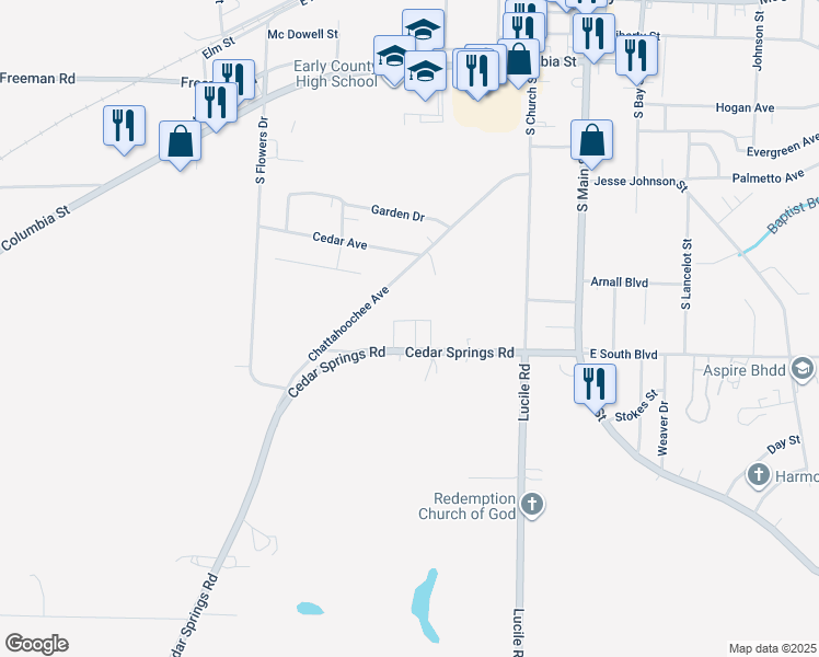 map of restaurants, bars, coffee shops, grocery stores, and more near 17821 Cedar Springs Road in Blakely