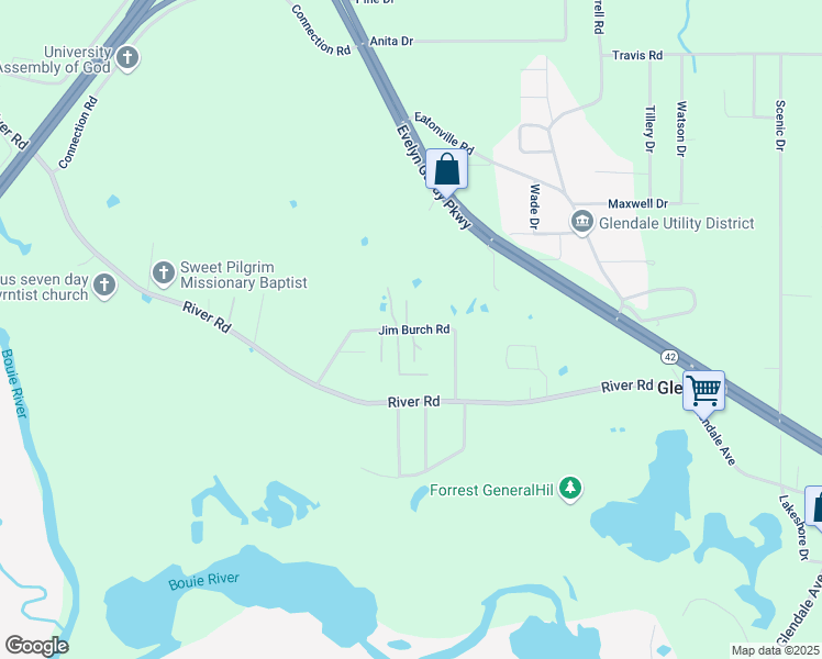 map of restaurants, bars, coffee shops, grocery stores, and more near 55 Jim Burch Road in Hattiesburg