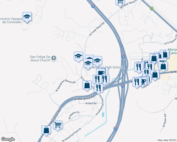 map of restaurants, bars, coffee shops, grocery stores, and more near 1905 North Apache Boulevard in Nogales