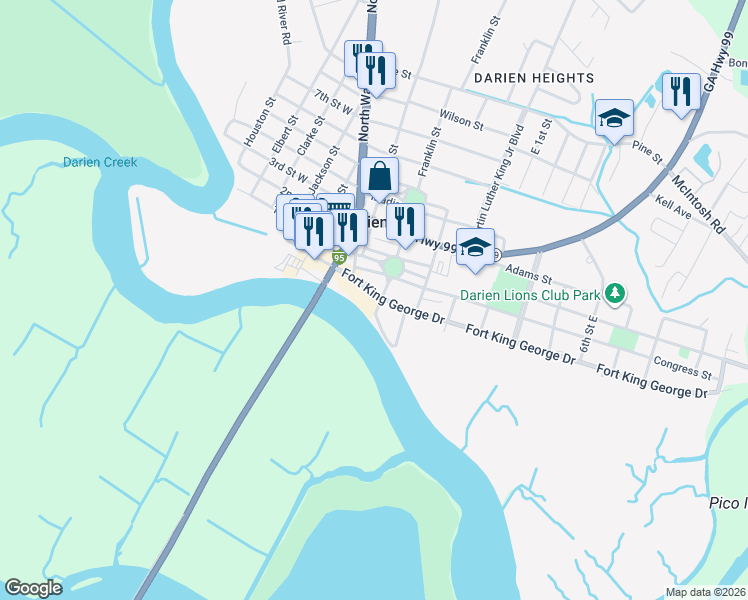 map of restaurants, bars, coffee shops, grocery stores, and more near 103 Franklin Street in Darien