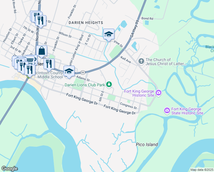 map of restaurants, bars, coffee shops, grocery stores, and more near 1110 East Broad Street in Darien