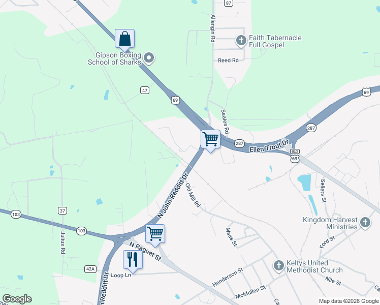 map of restaurants, bars, coffee shops, grocery stores, and more near 3500 North John Redditt Drive in Lufkin