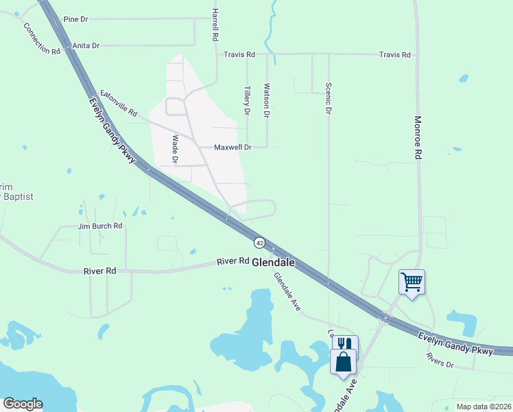 map of restaurants, bars, coffee shops, grocery stores, and more near 744 Edgewood Drive in Hattiesburg