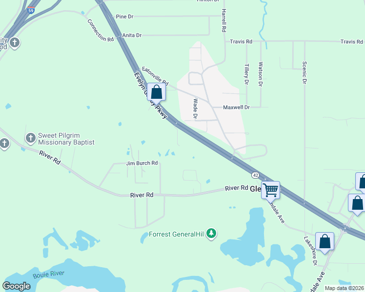 map of restaurants, bars, coffee shops, grocery stores, and more near 2066 Evelyn Gandy Parkway in Hattiesburg