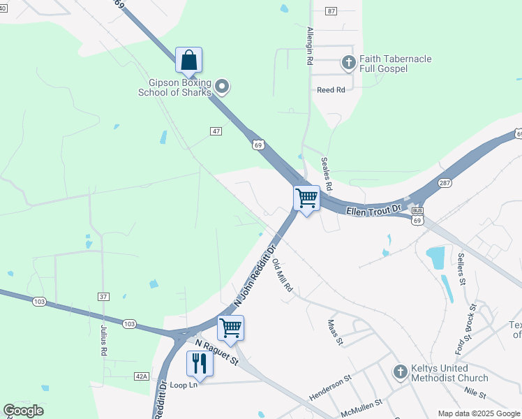 map of restaurants, bars, coffee shops, grocery stores, and more near 3507 North John Redditt Drive in Lufkin