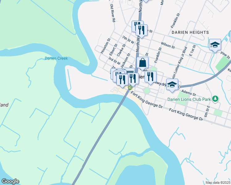 map of restaurants, bars, coffee shops, grocery stores, and more near 86 Screven Street in Darien