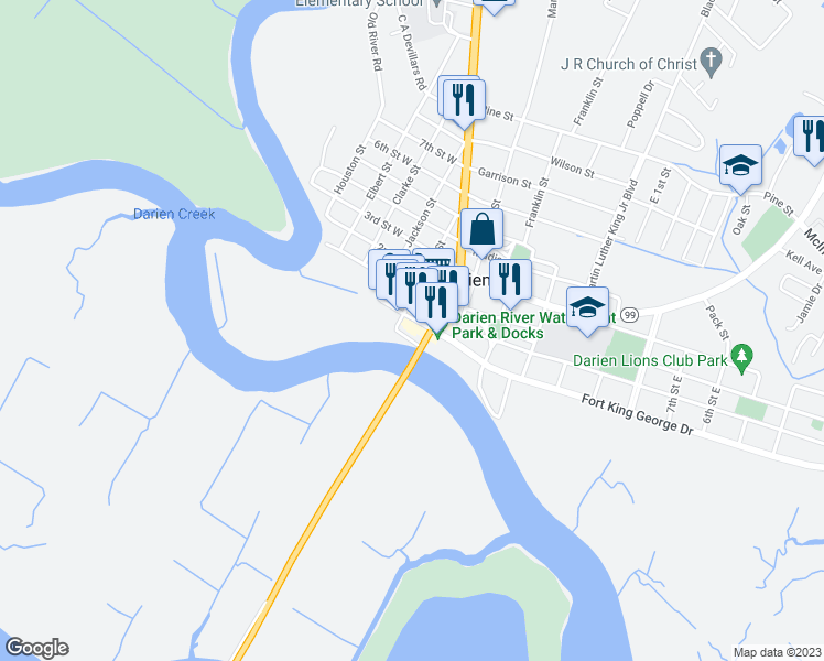 map of restaurants, bars, coffee shops, grocery stores, and more near 107 Broad Street in Darien