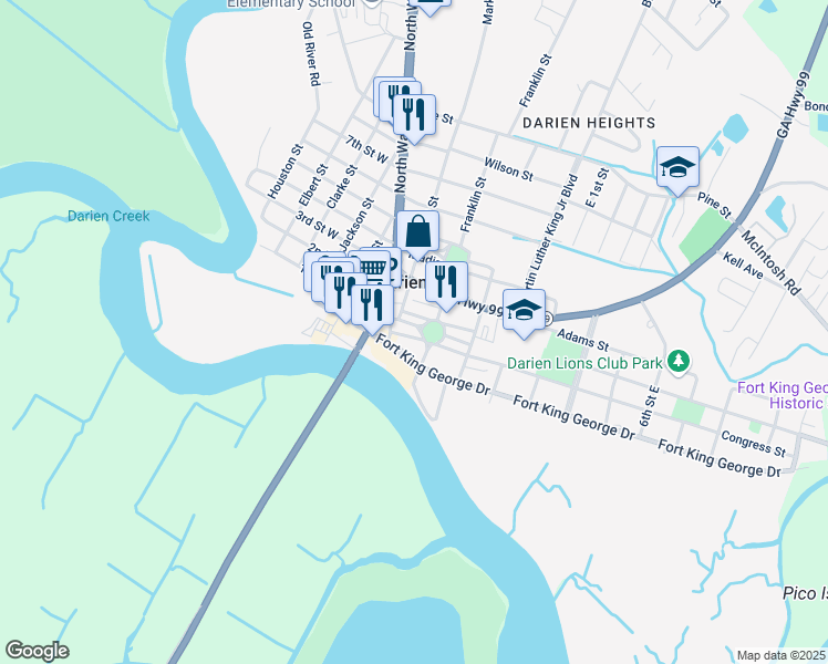 map of restaurants, bars, coffee shops, grocery stores, and more near 103 Franklin Street in Darien