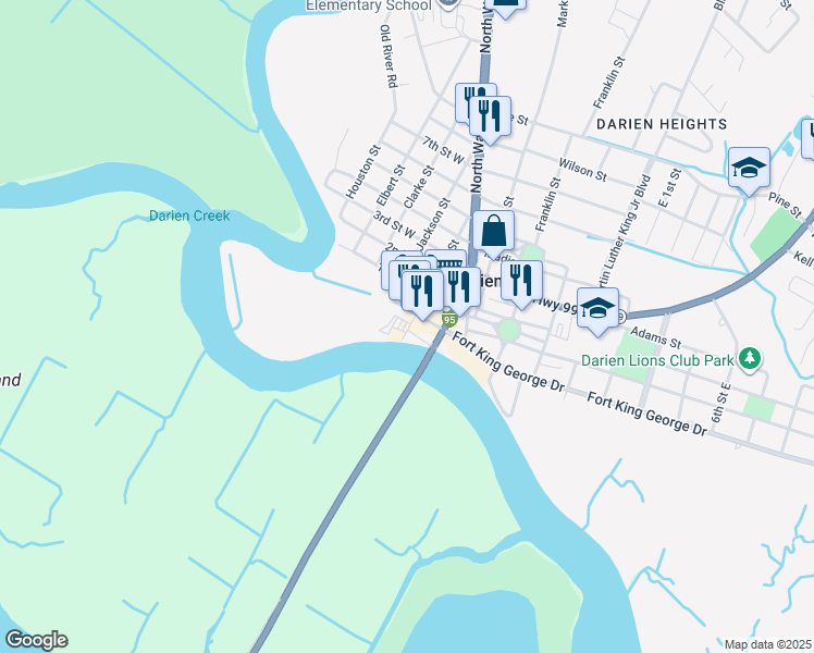 map of restaurants, bars, coffee shops, grocery stores, and more near 107 Broad Street in Darien