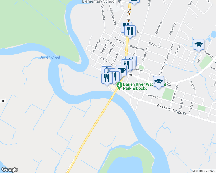 map of restaurants, bars, coffee shops, grocery stores, and more near 107 Broad Street in Darien