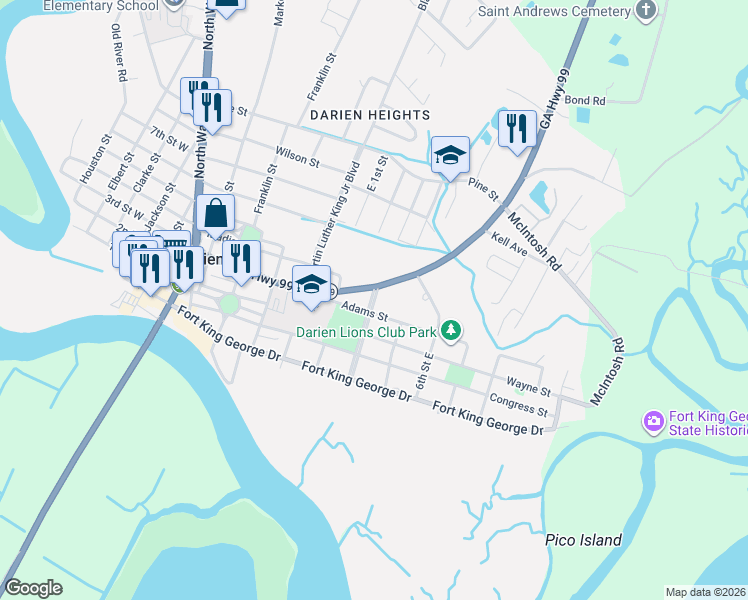 map of restaurants, bars, coffee shops, grocery stores, and more near 707 Adams Street in Darien