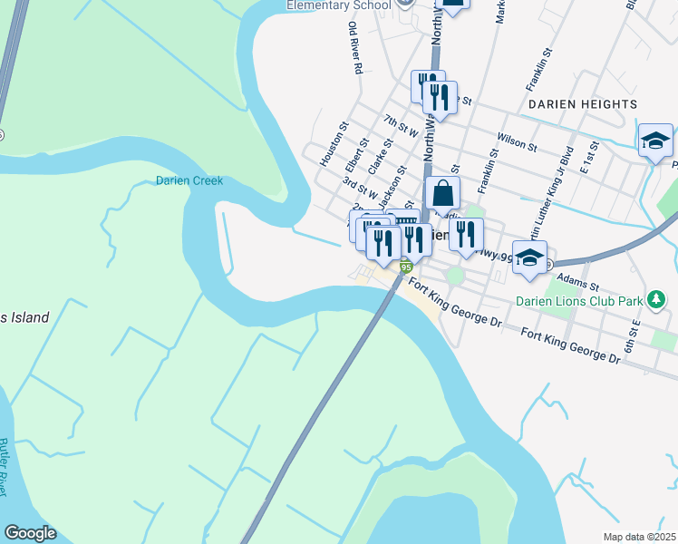 map of restaurants, bars, coffee shops, grocery stores, and more near 86 Screven Street in Darien