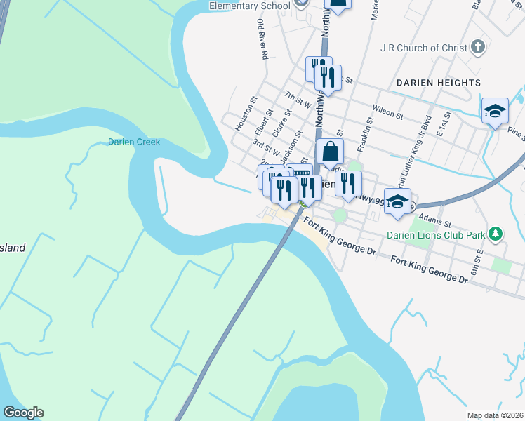 map of restaurants, bars, coffee shops, grocery stores, and more near 300 Broad Street in Darien