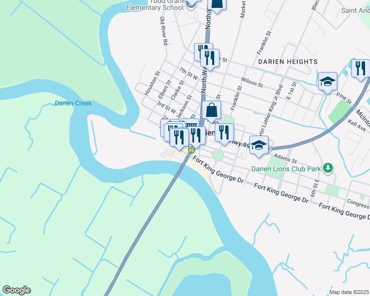 map of restaurants, bars, coffee shops, grocery stores, and more near 205 North Walton Street in Darien