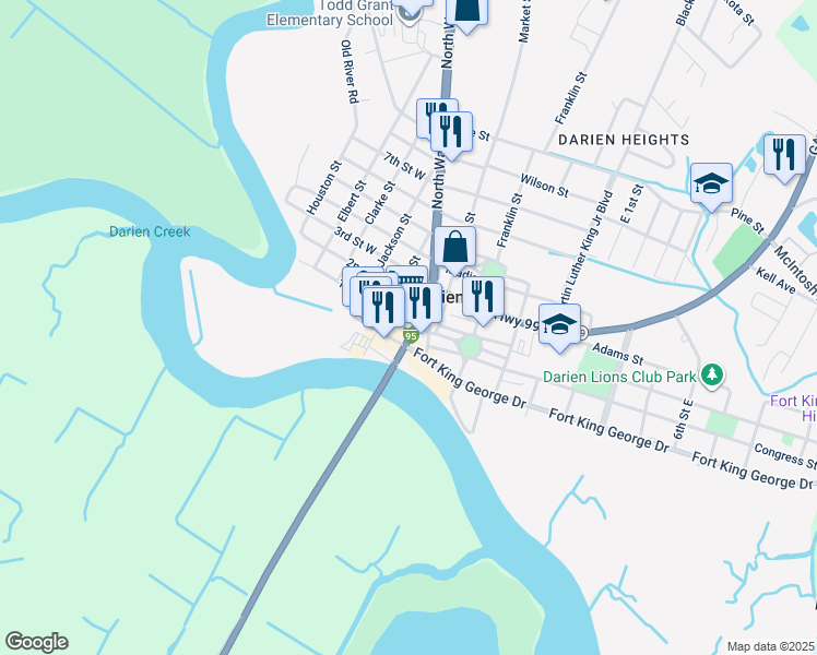 map of restaurants, bars, coffee shops, grocery stores, and more near 205 North Walton Street in Darien