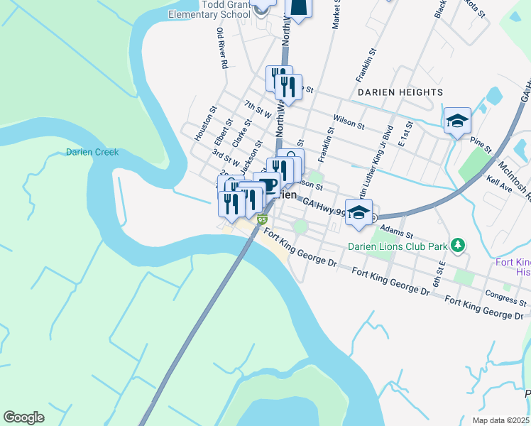 map of restaurants, bars, coffee shops, grocery stores, and more near 205 North Walton Street in Darien