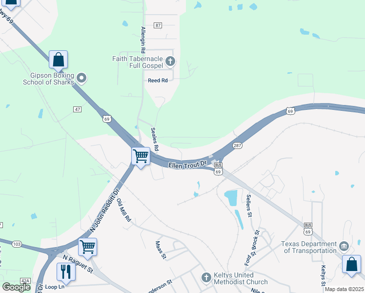 map of restaurants, bars, coffee shops, grocery stores, and more near 4506 Ellen Trout Drive in Lufkin