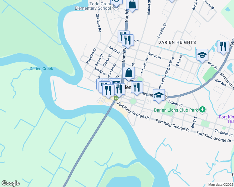 map of restaurants, bars, coffee shops, grocery stores, and more near 205 North Walton Street in Darien
