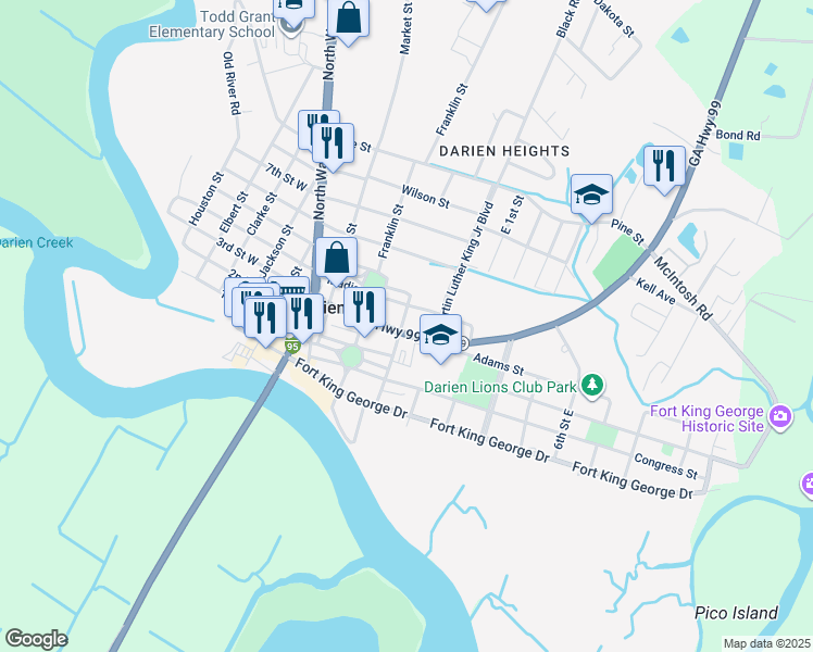 map of restaurants, bars, coffee shops, grocery stores, and more near 400 Adams Street in Darien