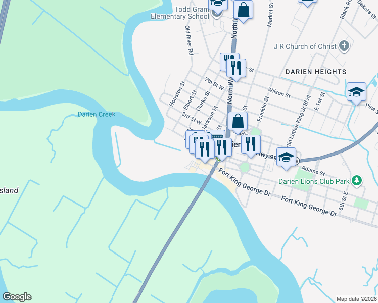 map of restaurants, bars, coffee shops, grocery stores, and more near 300 Broad Street in Darien