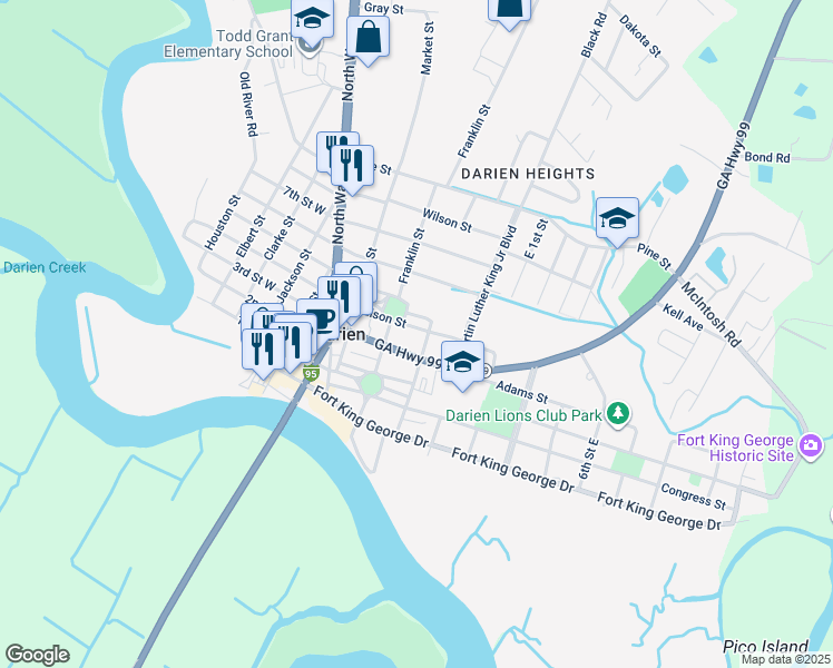 map of restaurants, bars, coffee shops, grocery stores, and more near 400 Adams Street in Darien
