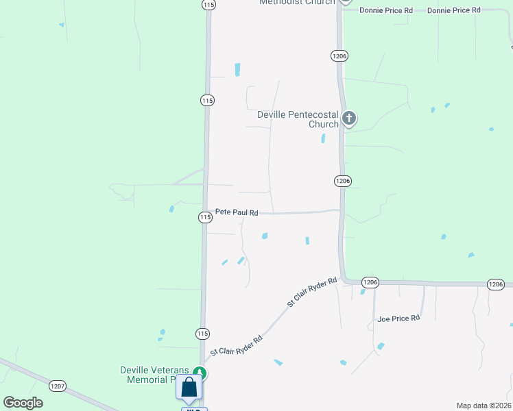 map of restaurants, bars, coffee shops, grocery stores, and more near 2765 Pete Paul Road in Deville