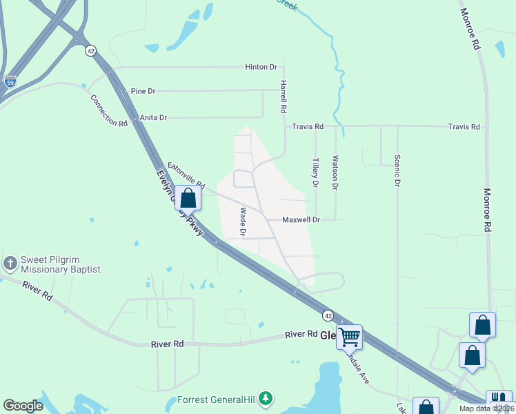 map of restaurants, bars, coffee shops, grocery stores, and more near 1-17 Eatonville Road in Hattiesburg