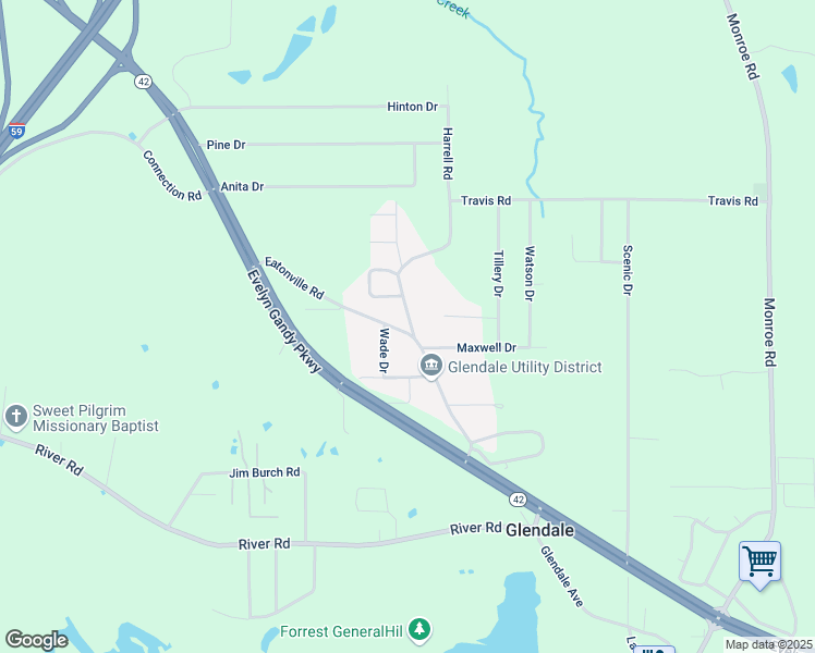 map of restaurants, bars, coffee shops, grocery stores, and more near 1-17 Eatonville Road in Hattiesburg