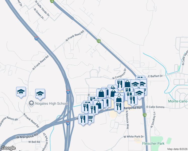 map of restaurants, bars, coffee shops, grocery stores, and more near 2150 North Congress Drive in Nogales