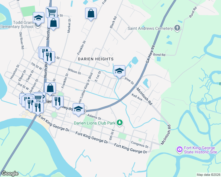 map of restaurants, bars, coffee shops, grocery stores, and more near 905 East 3rd Street in Darien
