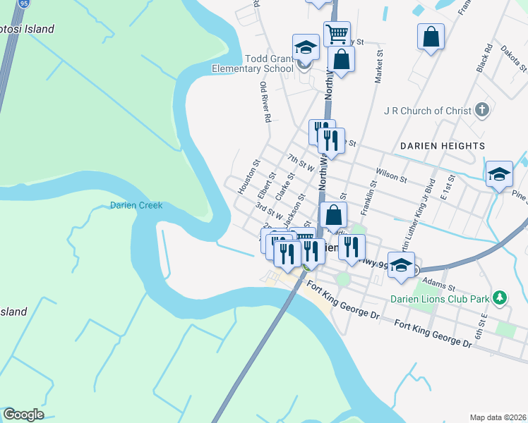 map of restaurants, bars, coffee shops, grocery stores, and more near 400-498 3rd Street West in Darien