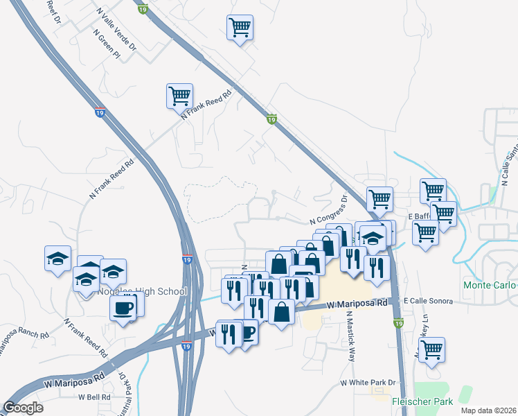 map of restaurants, bars, coffee shops, grocery stores, and more near 2150 North Congress Drive in Nogales