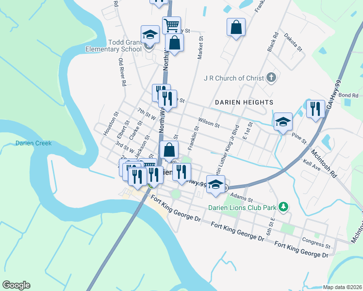 map of restaurants, bars, coffee shops, grocery stores, and more near 203 Trumbull Street in Darien