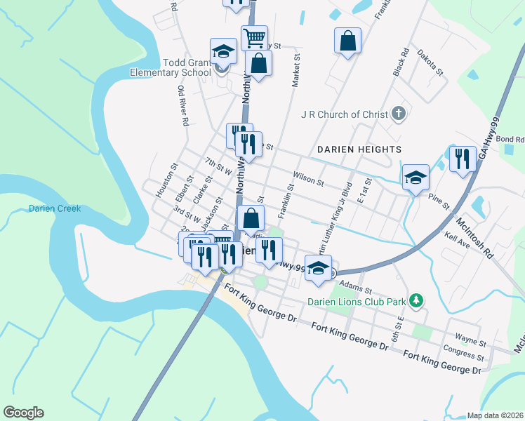map of restaurants, bars, coffee shops, grocery stores, and more near 203 Trumbull Street in Darien
