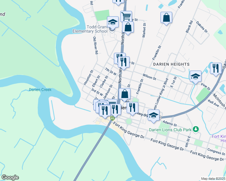 map of restaurants, bars, coffee shops, grocery stores, and more near 201 5th Street West in Darien