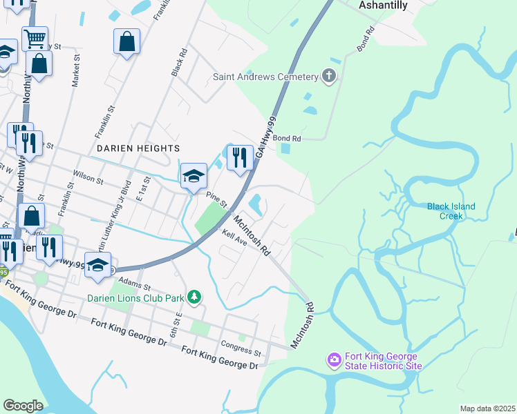 map of restaurants, bars, coffee shops, grocery stores, and more near 1009 Ridge Road in Darien