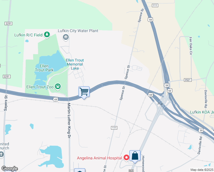 map of restaurants, bars, coffee shops, grocery stores, and more near 705 Ellen Trout Drive in Lufkin