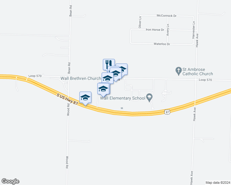 map of restaurants, bars, coffee shops, grocery stores, and more near 8065 Texas Loop 570 in San Angelo