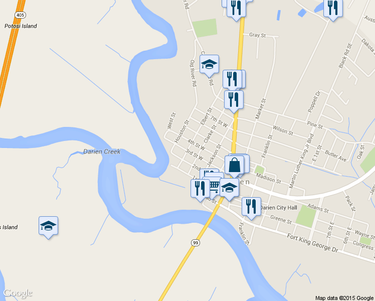 map of restaurants, bars, coffee shops, grocery stores, and more near 498 3rd Street West in Darien