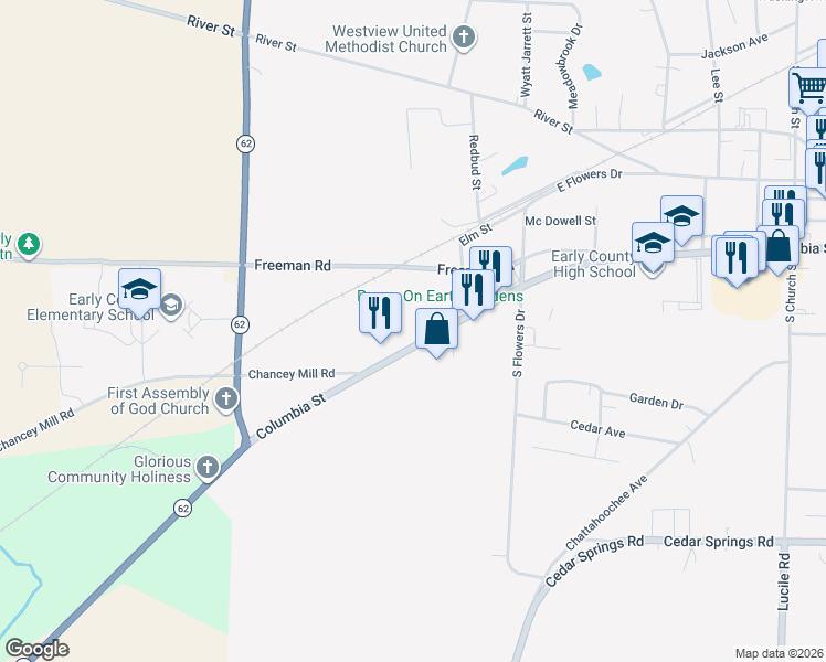 map of restaurants, bars, coffee shops, grocery stores, and more near 370-384 Dothan Rd in Blakely
