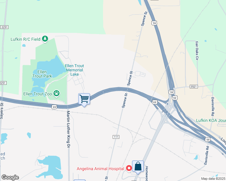 map of restaurants, bars, coffee shops, grocery stores, and more near 705 Ellen Trout Drive in Lufkin
