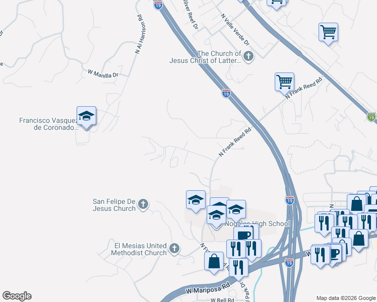 map of restaurants, bars, coffee shops, grocery stores, and more near 935 West Mariposa Hills Drive in Nogales