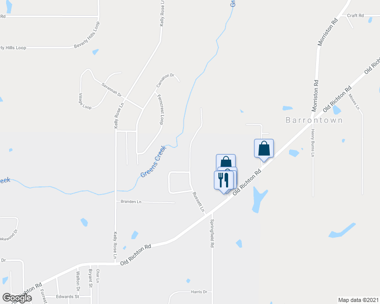map of restaurants, bars, coffee shops, grocery stores, and more near 102 Russett Lane in Petal
