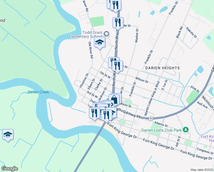 map of restaurants, bars, coffee shops, grocery stores, and more near 201 5th Street West in Darien