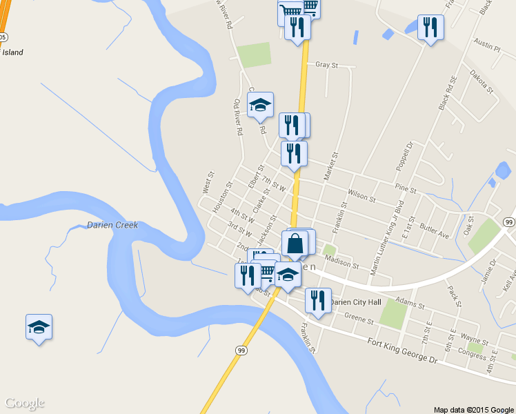 map of restaurants, bars, coffee shops, grocery stores, and more near 607 Clarke Street in Darien