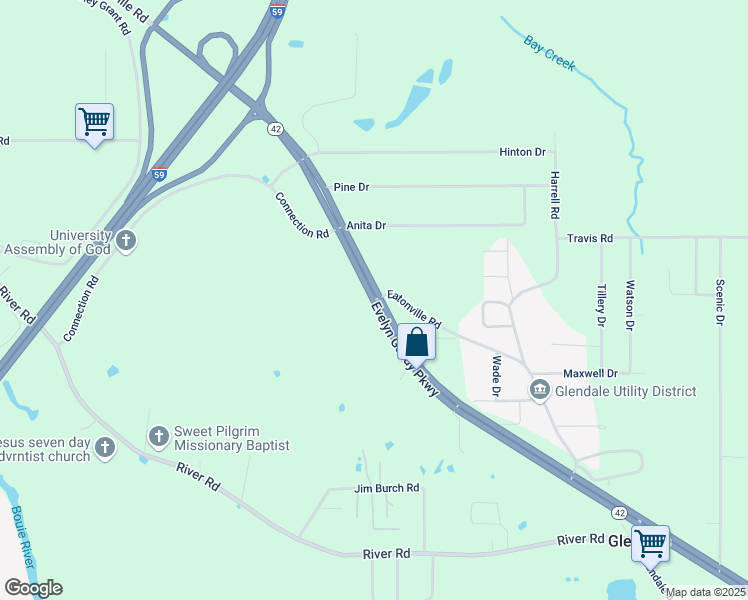 map of restaurants, bars, coffee shops, grocery stores, and more near 117 Eatonville Road in Hattiesburg